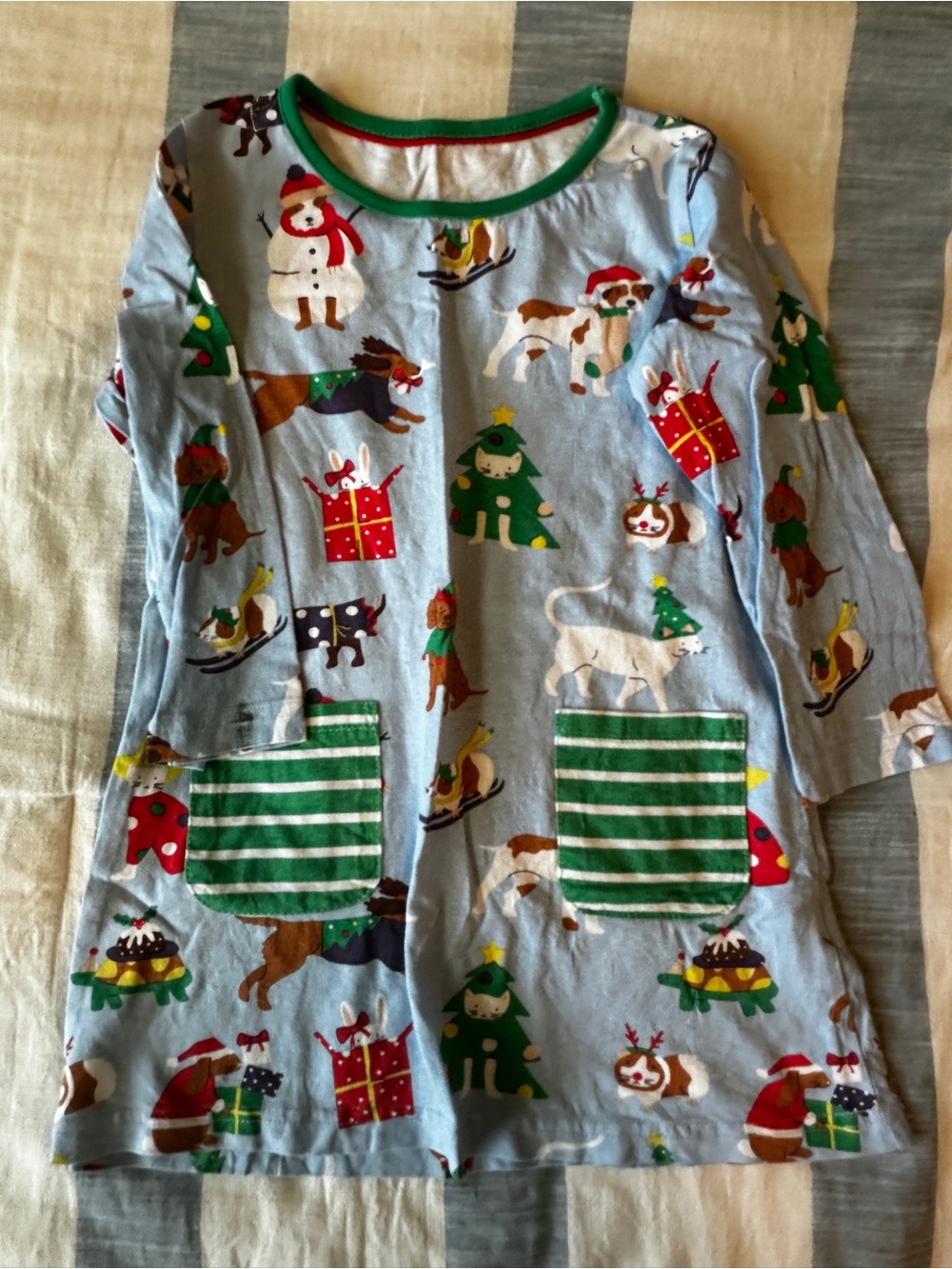 Kids Light Blue Holiday Dress with Green Trim